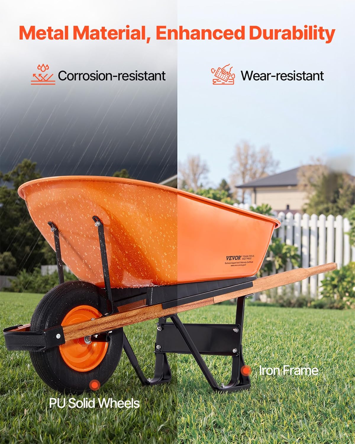 VEVOR Wheelbarrow Cart, 6 Cu. Ft. Load & 330 lbs Capacity, One Wheel Garden Dump Cart Wheel Barrow with Metal Handle & 16" Wide Track Wheels, Easy Loading Utility Yard Cart & Wagons for Lawn Farm