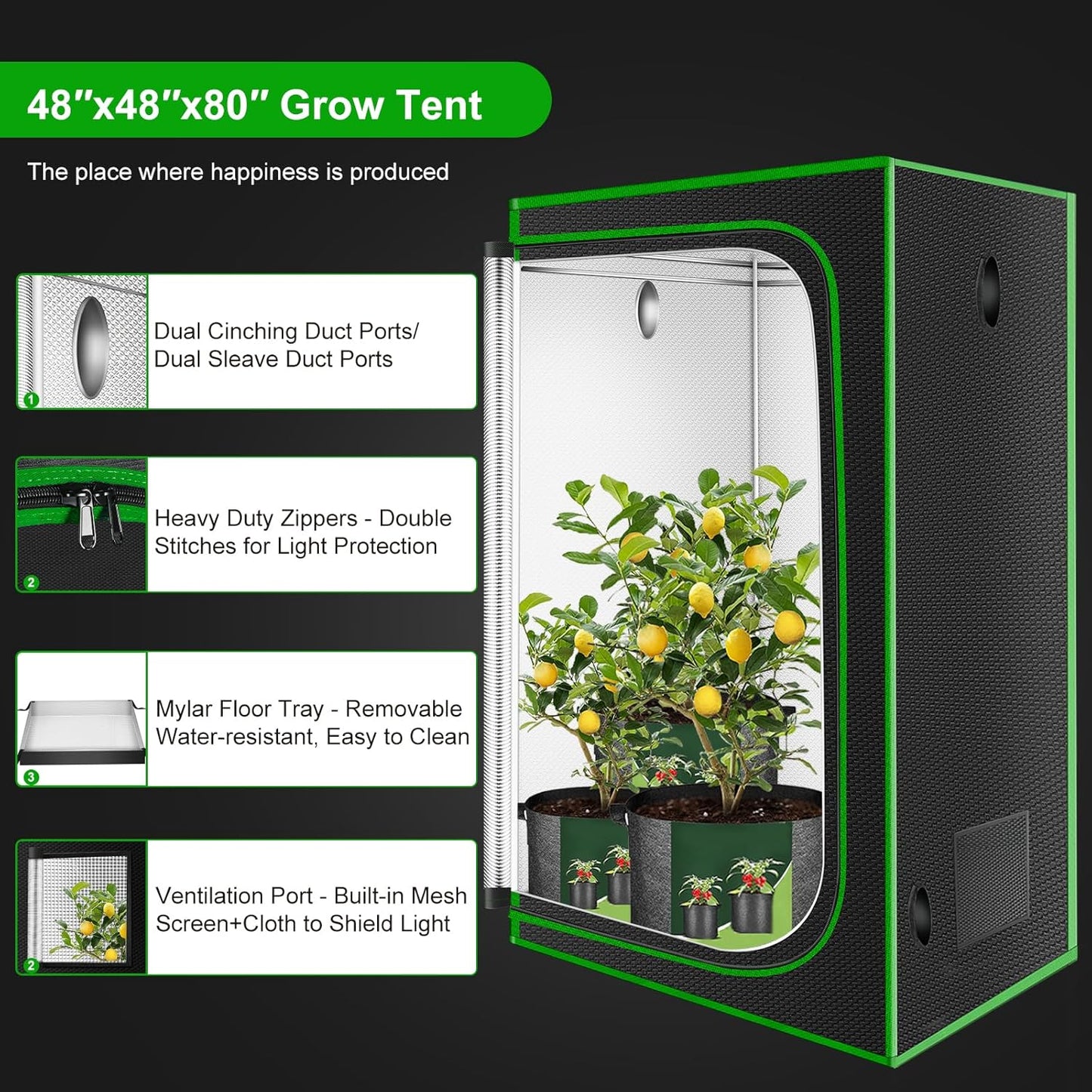MELONFARM 4x4 Grow Tent, 48"x48"x80'' High Reflective 600D Diamond Mylar Canvas with Observation Window and Floor Tray for Hydroponic Indoor Plant Growing