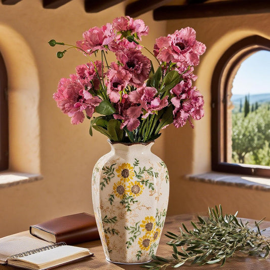 Hand-Painted Sunflower Vintage Ceramic Octagonal Vase, Green Yellow Beige Flower Vases for Bouquet, Fireplace Mantle, Table Centerpieces, Bookshelf, Office, Chinoiserie Floral Home Decorations 9.1 in