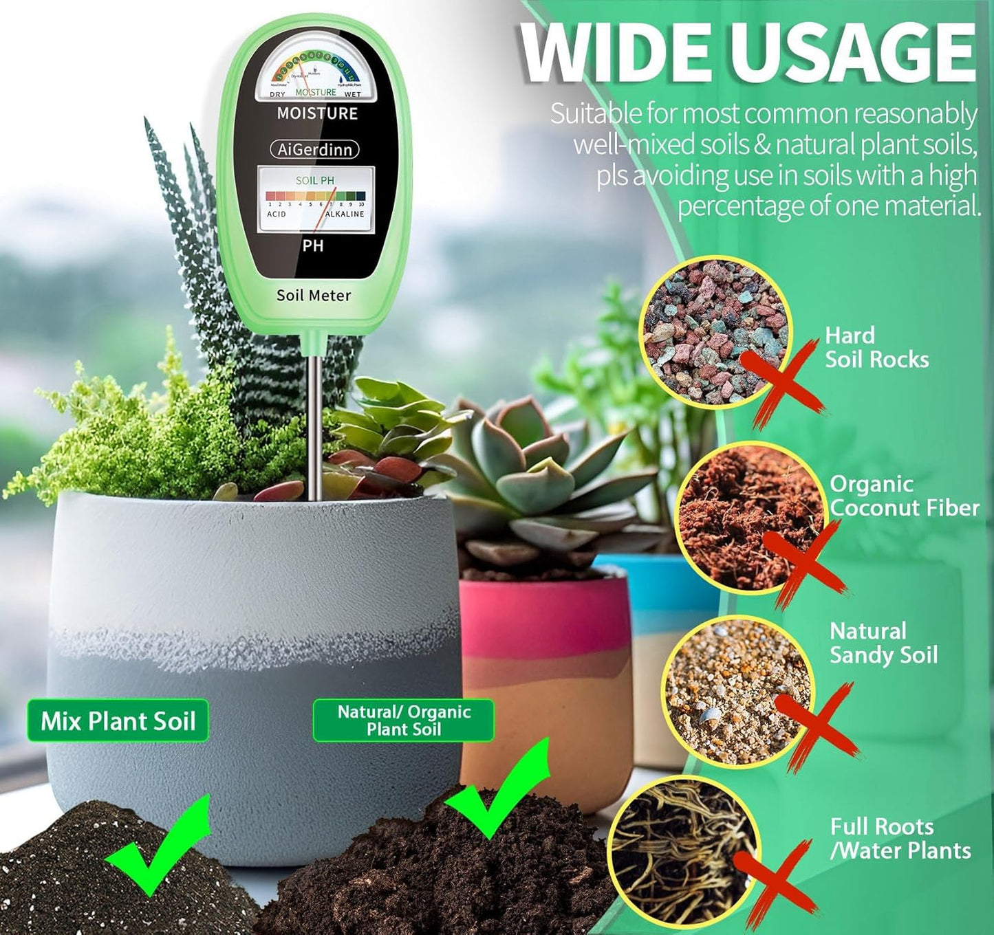 2-in-1 Soil Test Kit, Soil Moisture Meter, Soil pH Tester-Dual Dial-Simultaneously-Display Results-Soil pH Meter, Moisture Meter for House Plants,Lawn,Garden,Farm Indoor&Outdoor-BabyGreen