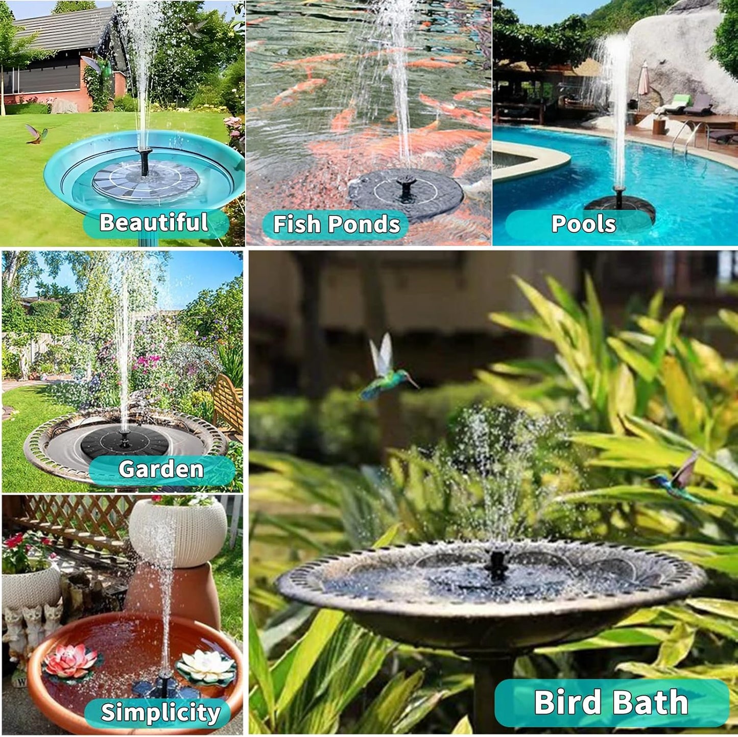3W Solar Fountain Pump for Bird Bath and Garden, 6 Nozzle Solar Powered Water Fountain Pump, Floating Solar Water Pump for Outdoor Ponds, Pool, Fish Tank, and Mini Fountains