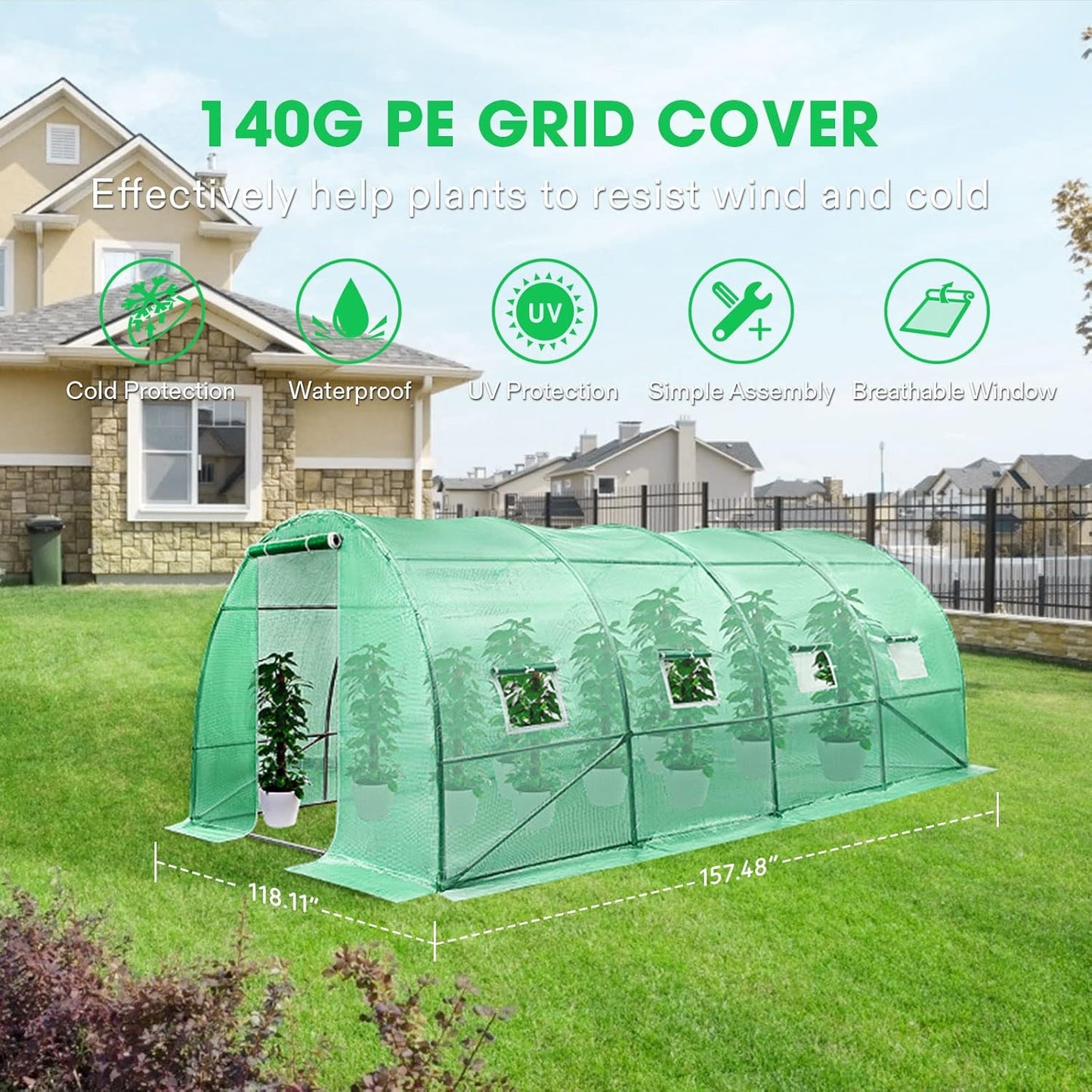 VIVOSUN 13x10x7 Ft. Large Walk in Greenhouse, Greenhouse Tunnel, Garden Plant Hot House with Green PE Cover, Roll-up Zipper Door and Window for Outdoor