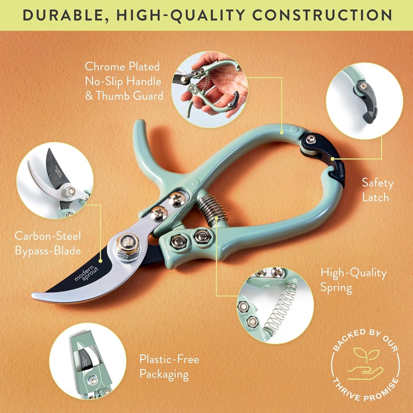 Modern Sprout Hand Pruners - Lightweight Pruning Shears W/Easy Lock- Gardening Scissors - Bypass Sharp Carbon Steel Blade - Rust Resistant - Garden Tools - Reusable Holster - Ocean