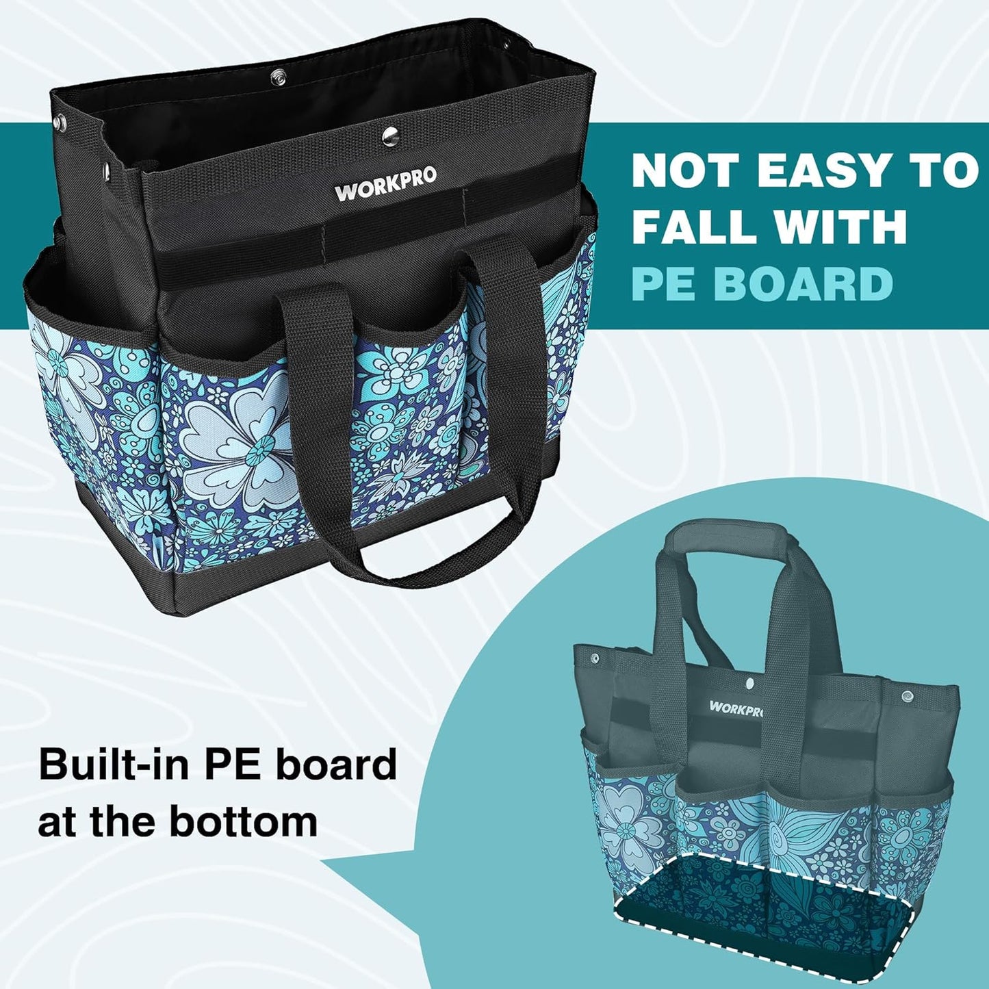 WORKPRO Garden Tool Bag, 9 Pockets Gardening Bag, Heavy Duty Oxford Garden Tote Caddy (Tools NOT Included), 12" x 12" x 6" (Floral Blue)
