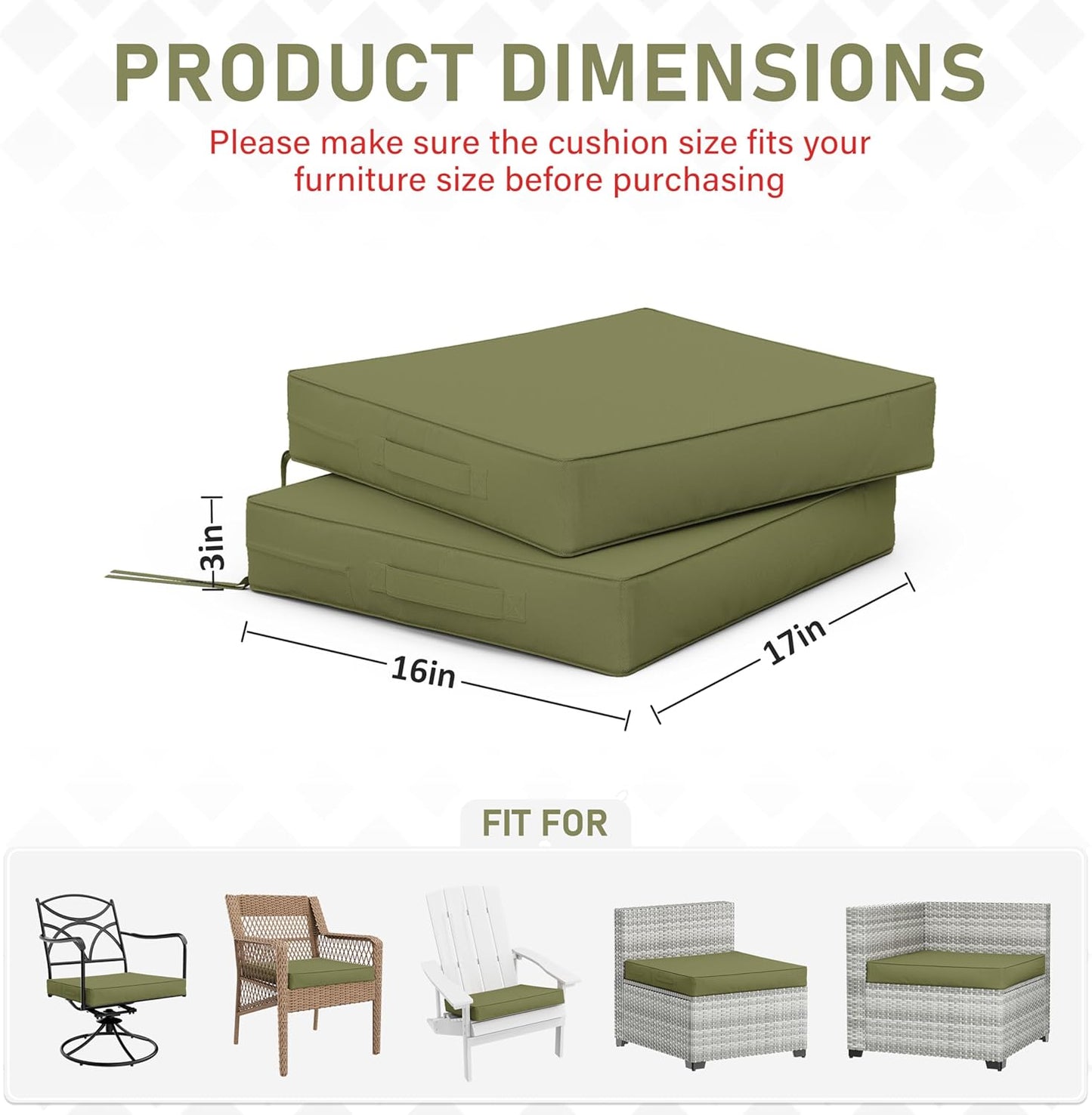 Patio Chair Cushions 17 X 16 X 3 Inch Waterproof Outdoor Seat Cushions for Patio Furniture, Outdoor Sofa Couch Pads with Ties & Handle, Set of 2, Light Green