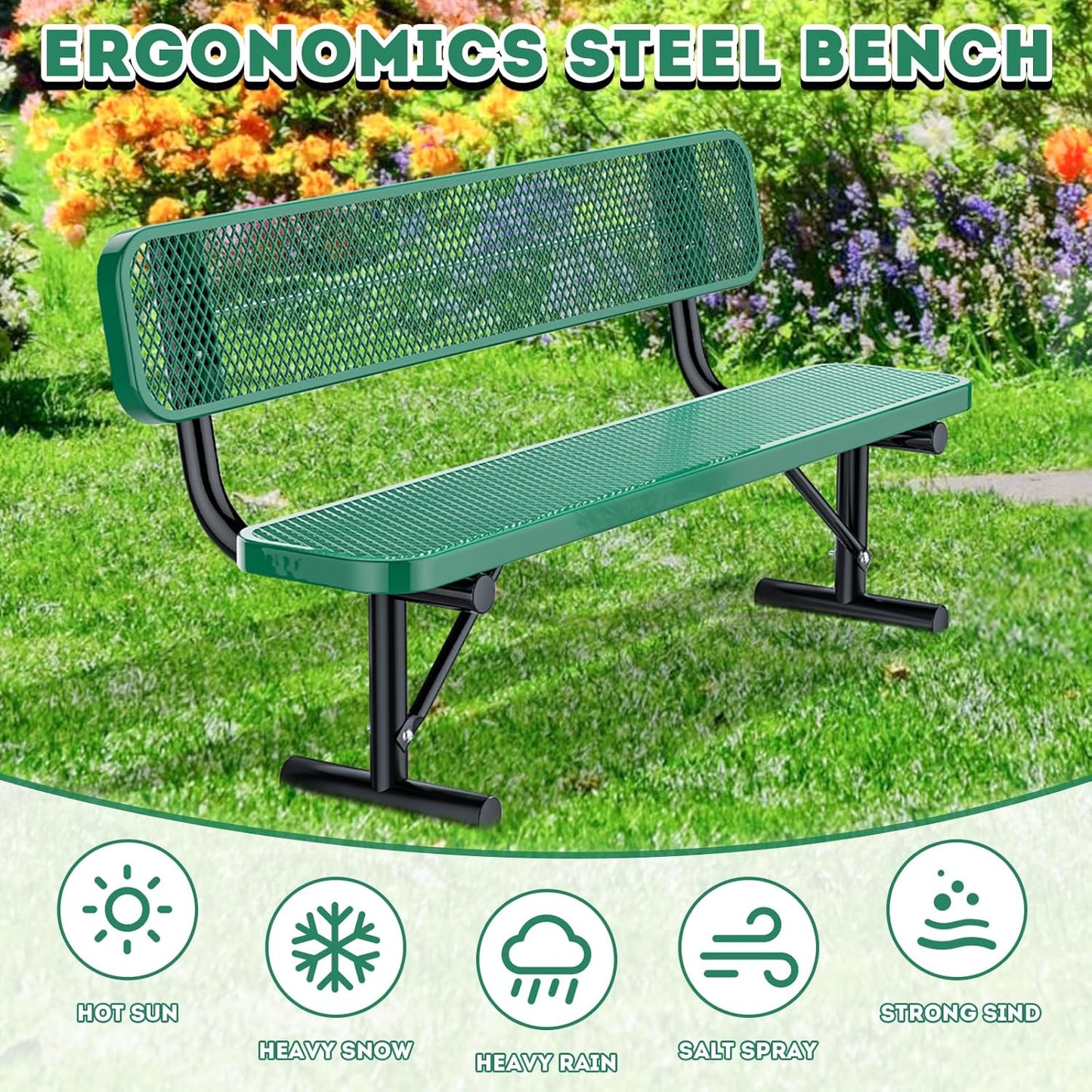 Thermoplastic Coated Iron Park Bench for Outside, Heavy Duty Metal Garden Bench, Expanded Commercial Grade Seating for Shopping Malls, Lawn Yard Porch Entryway (Green with Backrest, 72IN)