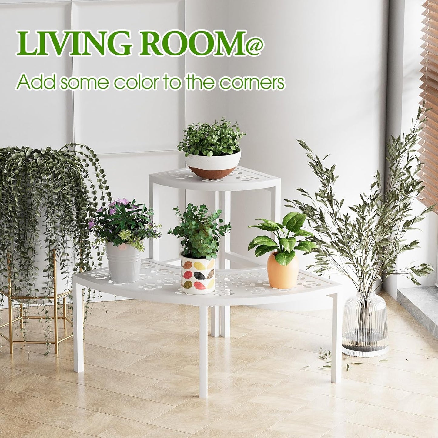 aboxoo 2 Tier Plant Stand Flower Pot Rack for Patio,Heavy Duty Metal Stair-Step Style Corner Shelf Planters, Quarter Round Display Holder for Indoor Outdoor Use(White, Semicircle)