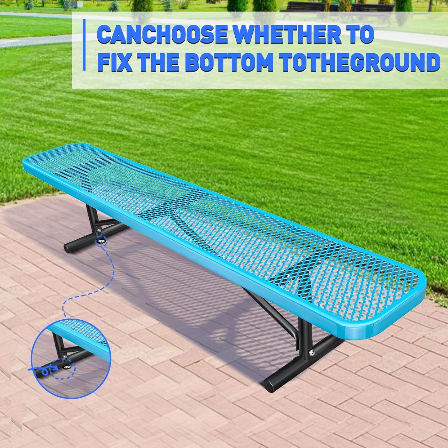 Thermoplastic Coated Iron Park Bench for Outside, Heavy Duty Metal Garden Bench, Expanded Commercial Grade Seating for Shopping Malls, Lawn Yard Porch Entryway (Blue Without Backrest, 96IN)