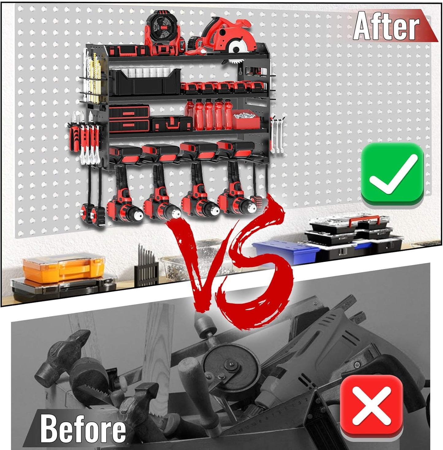 Power Tool Organizer Wall Mount, Metal Power Tool Storage Rack with Screwdriver Holder, Garage Tool Storage Shelves with Screwdriver Holder Plier Holder (Black, 4 Drills Holder)