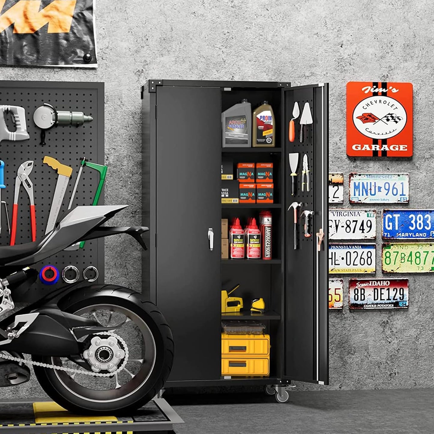 Garage Storage Cabinet with Wheels & Pegboard, 72" H Locking Metal Storage Cabinet with Doors and 4 Adjustable Shelves for Garage Workshop Home, Assembly Required, Black