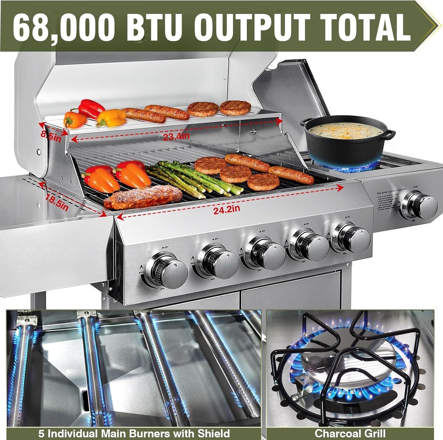 Bestfire 68,000 BTU 5 Burner Propane Gas Grill with Side Burner-Professional-Grade Stainless Steel Outdoor BBQ Grill-647 sq in Cooking Space&Porcelain Cast Iron Grrates-Patio Cart Design for Backyard