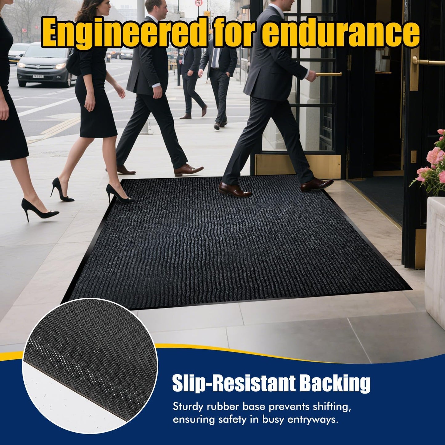 Extra Large Indoor/Outdoor Entrance Mat - 4 x 10 Feet, Rubber Border Door Mat Heavy Duty, Waterproof, Low-Profile, Easy to Clean, Rubber Entry Mat,Commercial Floor Mat, Charcoal Grey
