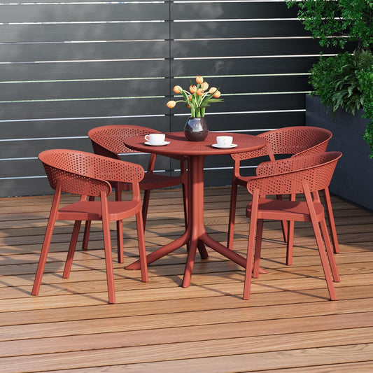 Dining Table Set for 4, HDPE Patio Round Dining Table and Stackable Chair, Kitchen & Dining Room Sets All Weather for Backyard Porch Poolside, Red