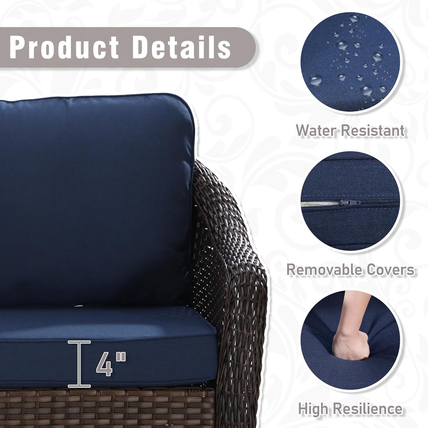 Outdoor Wicker Swivel Chair Set of 2, All-Weather Use Patio Rattan Chair with Seat and Back Cushion, Ideal for Porch, Backyard, Balcony, Poolside, Blue