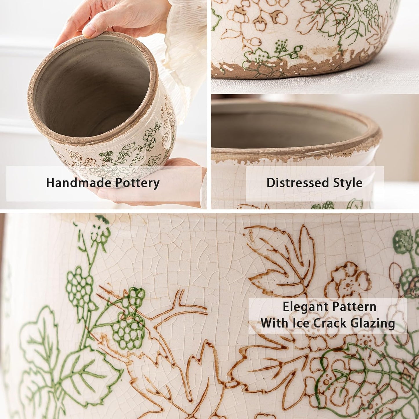 Set of 2 Ceramic Planters for Indoor Plants, 4.7+5.7 Inch Vintage Pots without Drainage Hole , Pastoral Rustic Planter Set, Decorative Ceramic Plant Pots for Flower, Indoor Planter Pots for Home Decor