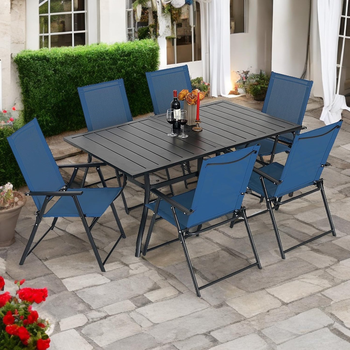 Outdoor Patio Table for 6 Person, Patio Dining Rectangle Table with 1.57" Umbrella Hole for Garden Lawn Backyard Parties, Black Metal Frame 63" L x 38" W x 28" H