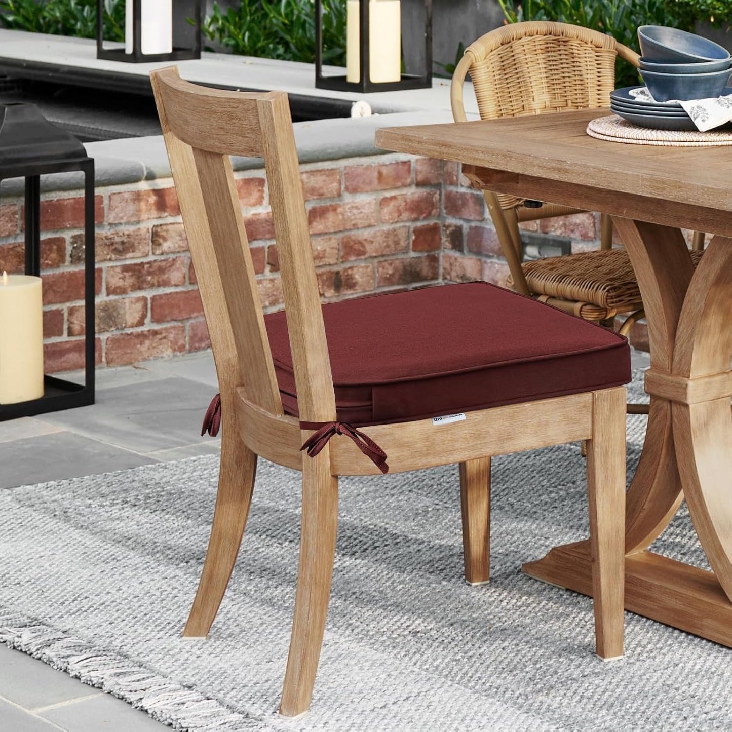 Sunbrella Round Corner Seat Cushions, 17" x 16" x 2", Set of 4, Indoor Outdoor Water Repellent Universal Chair Pads with Ties for Patio Furniture, Garden Dining Chairs, Spectrum Brick