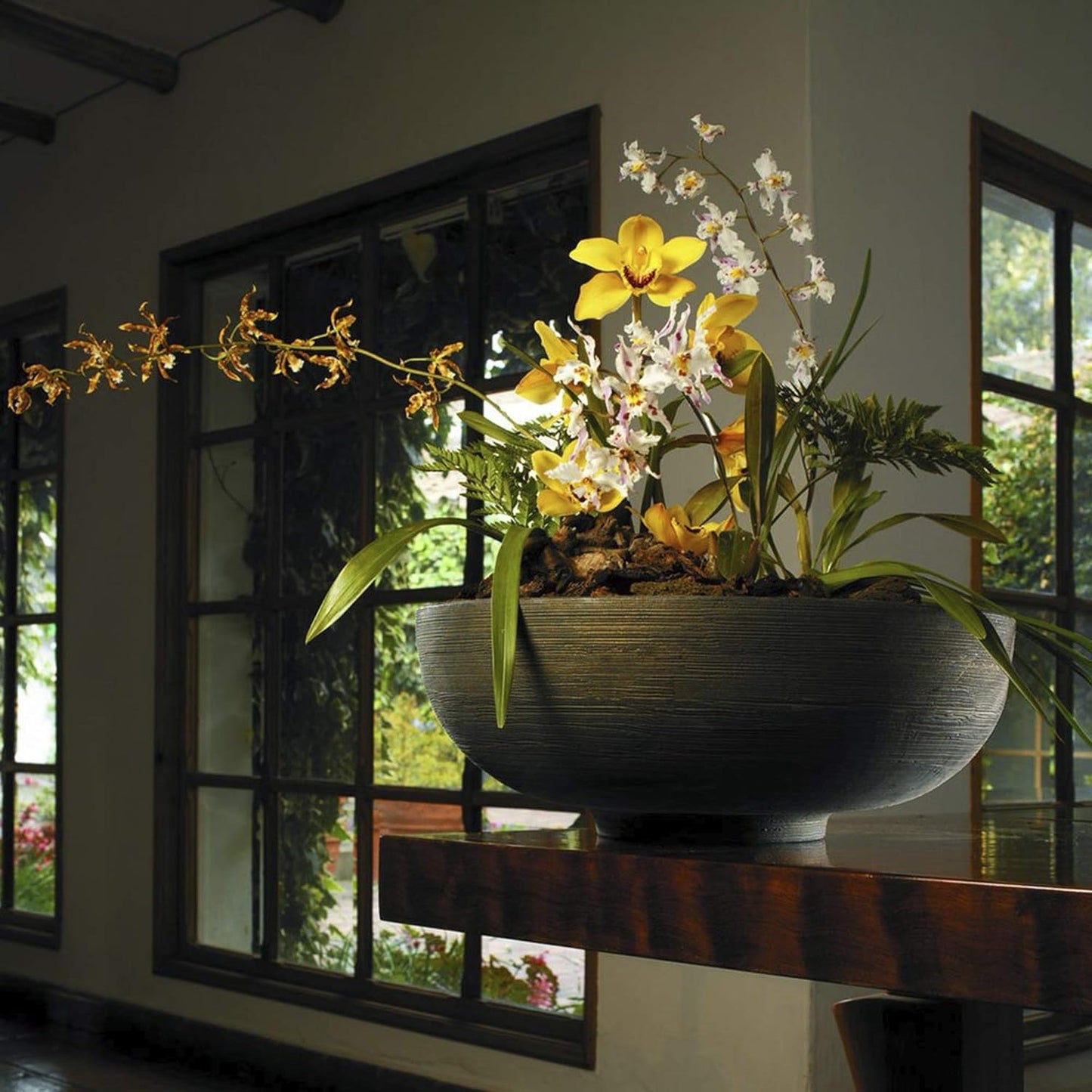 Crescent Garden Orinoco Planter Bowl – Double-Walled Resin Pot for Succulents, Flowers Without Drain Hole - 21" W x 8.25" H (Old Bronze)