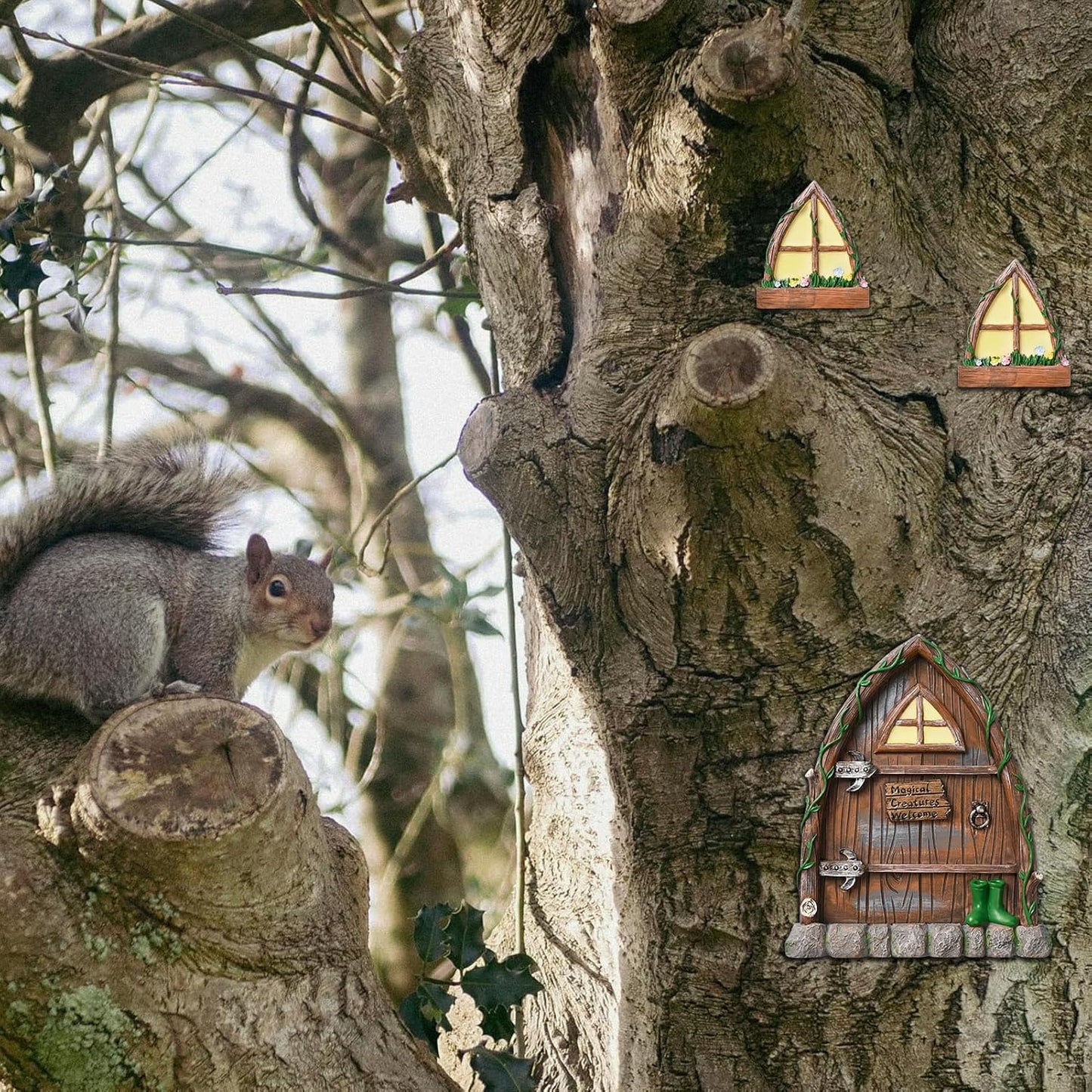 Resin Fairy Door and Window for Trees,Glow in The Dark,Miniature Fairy Garden Accessories,Garden Outdoor Decor for Trees,Gnomes House，Elf House