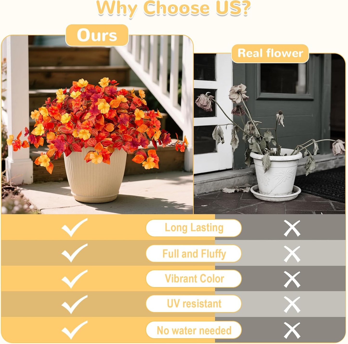 Fake Fall Flowers Artificial for Decoration 2PCS Faux Silk Fall Flowers Plants for Outdoors Outside Planters UV Resistant Looks Real for Front Door Porch Patio Garden Decor