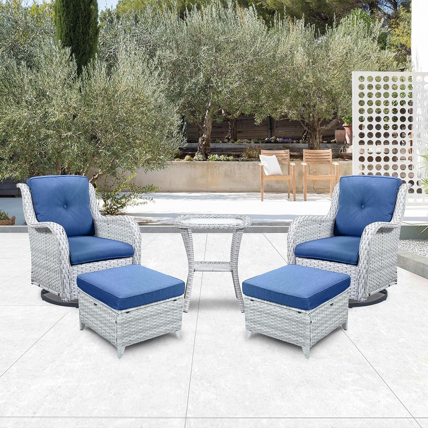 Outdoor Swivel Rocker Furniture 5 Pieces Patio Wicker Furniture Sets, Rattan Patio Swivel Glider Chairs with 2 Ottoman and Glass Side Table