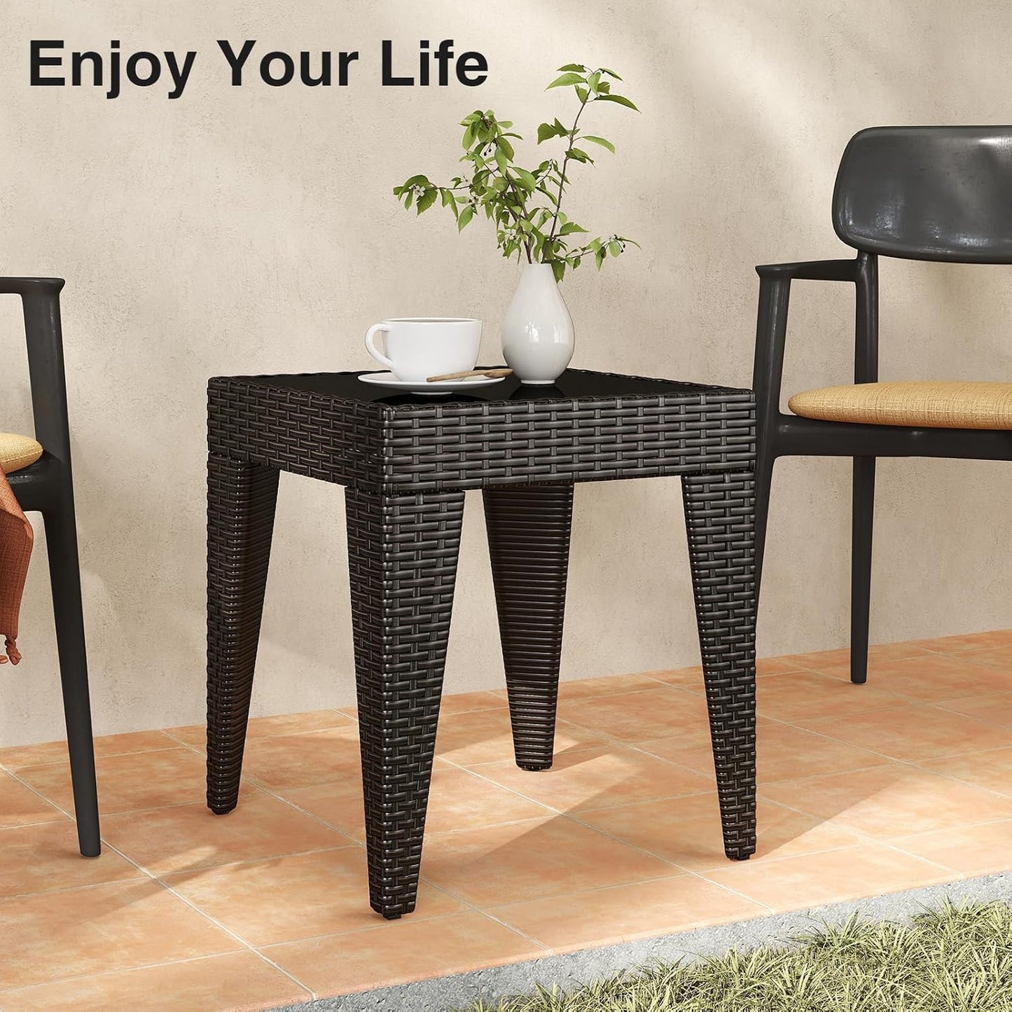 Outdoor Small Patio Table - PE Rattan Coffee Table, Wicker Side Table for Patio, Balcony & Porch, Durable & Iron Frame (2, Rattan Black)