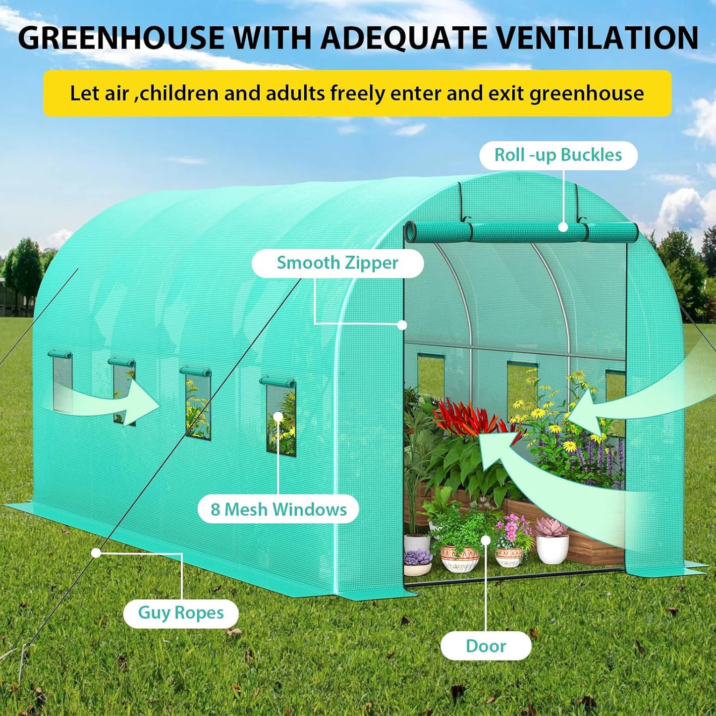 Compact Greenhouse Kit 7'x15'x7' with Galvanized Frame, 140G Green PE Cover, 1 Door & 8 Windows for Outdoor Gardening