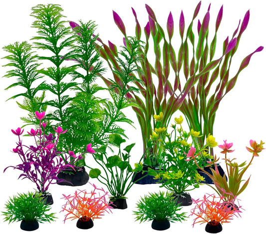 11 Pieces Colorful Artificial Fish Tank Decorations, Aquarium Decorations Fish Tank Purple and Green Artificial Plastic Plants, Small to Large (4-8Inch)