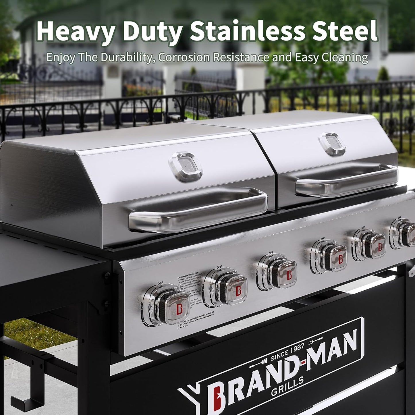 Brand-Man Griddle Grill Combo 6-Burner, 2 in 1 Versatile Propane Gas Grill and Griddle with Double Stainless Steel Lids, BBQ Combo for Outdoor Kitchen & Backyard Barbecue Cooking