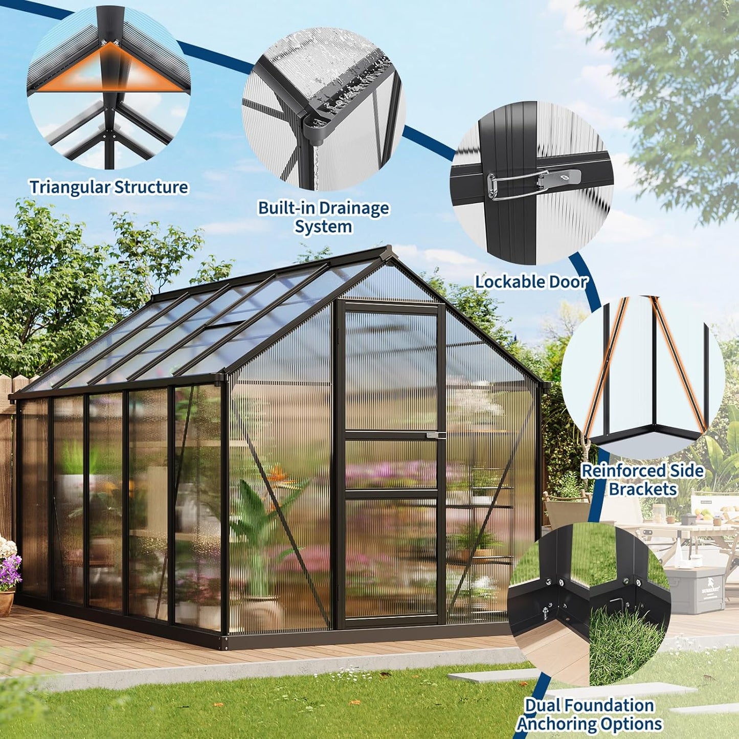 6x10FT Polycarbonate Greenhouse - Walk-in Outdoor Aluminum Frame Greenhouse with Roof Vent, Lockable Push Door for Garden, Backyard, Patio & Lawn(Black)