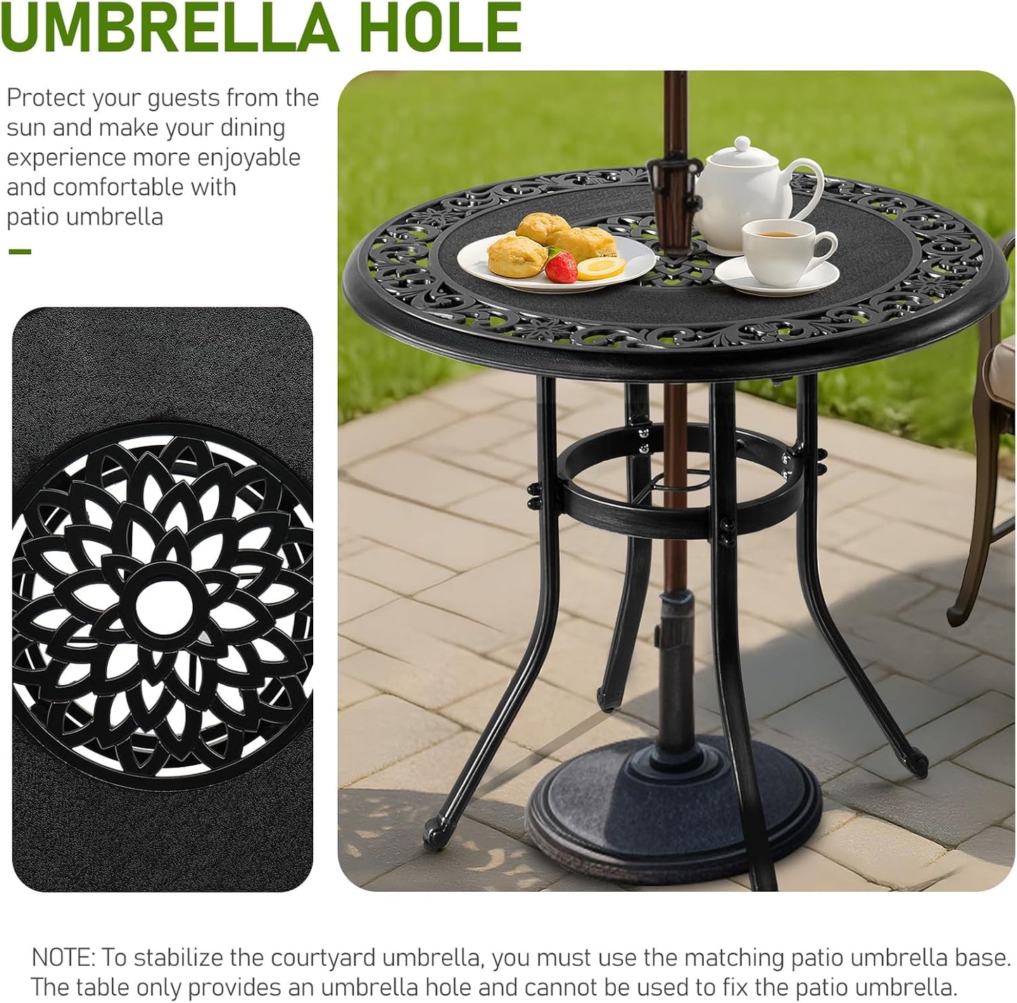 Outvita Outdoor Dining Table, Cast Aluminum Round Patio Bistro Table with Umbrella Hole Weather Resistant Aluminum for Balcony Poolside Garden Lawn
