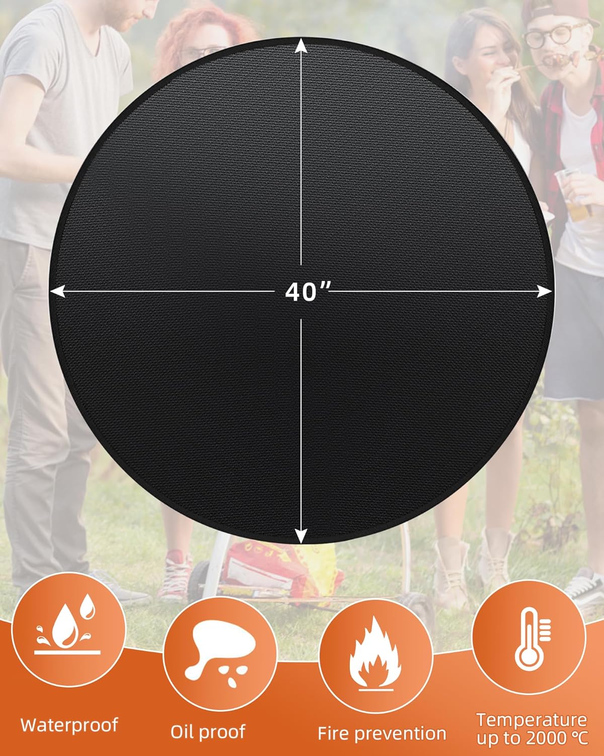Round BBQ Grill Mat, 40 inches Double-Sided Fireproof Pad Waterproof Deck Protector for Indoor Outdoor Grilling