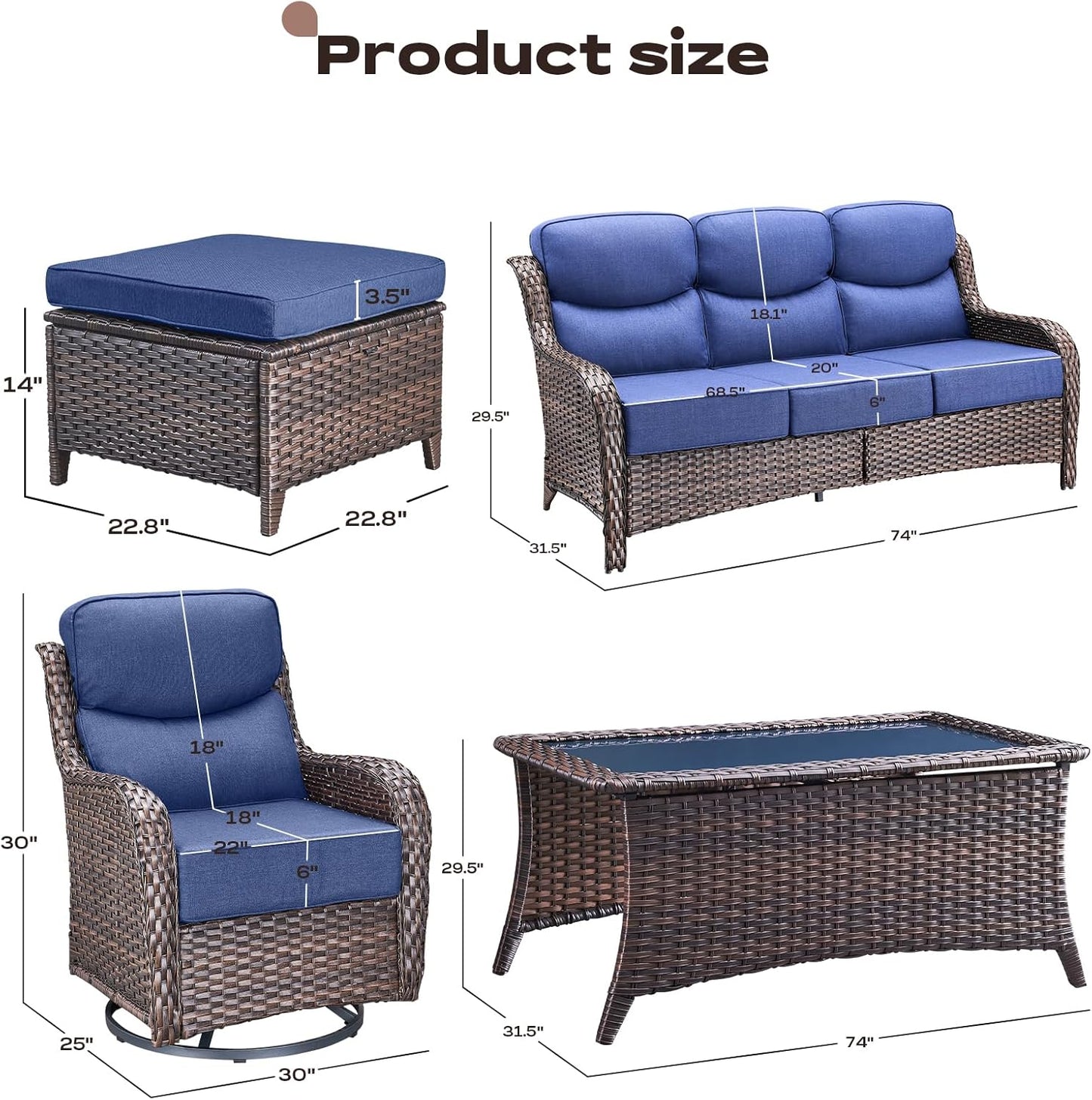 Wicker Outdoor Patio Furniture Set - 6 Piece Patio Conversation Sets with Swivel Rocker Chairs, Ottomans, Sofa and Coffee Table, 6 inch Cushions, Deep Seating, for Porch Deck Brown/Blue