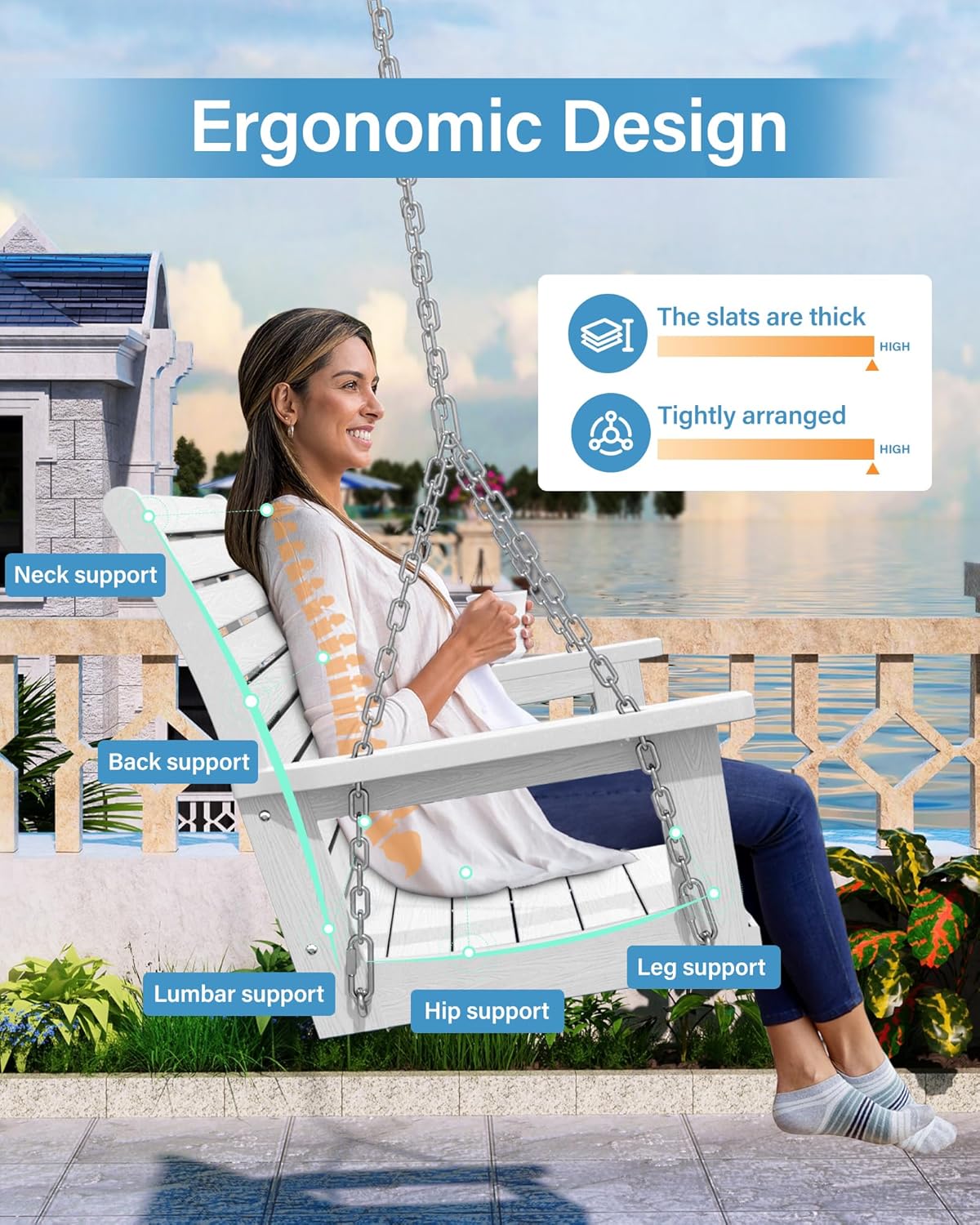 YEFU Porch Swing, 2-Seat Outdoor Swing, Waterproof Hanging Porch Swings Chair, Weather Resistance Patio Swings,for Garden and Backyard,Composite Material,660LBS Weight Capacity,4FT,White