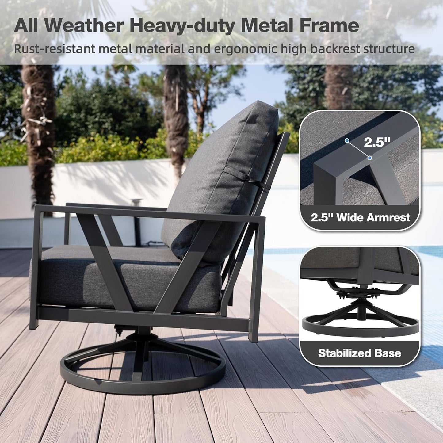 Outdoor Patio Swivel Rocking Chairs Set, Patio Porch Furniture with 6" Thick Cushions, 3 Pieces Outdoor Bistro Set with Coffee Table for Balcony, 350lbs, Dark Grey