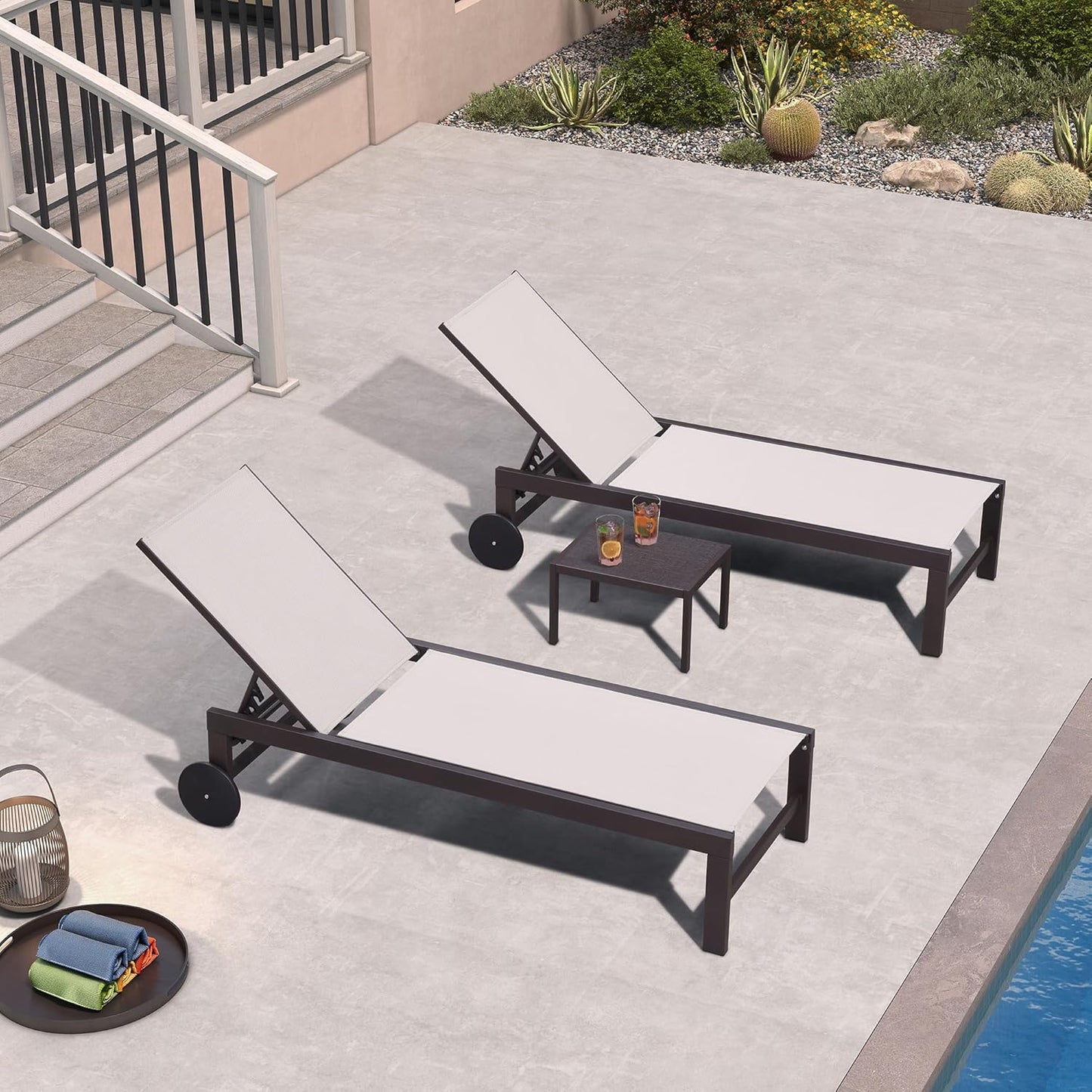 PURPLE LEAF Outdoor Chaise Lounge Chair Set of 3, Pool Lounge Chair for Outside, Aluminum Patio Chaise Lounger with Adjustable Backrest and Wheels for Deck, Outside, Lawn, Garden, Linen