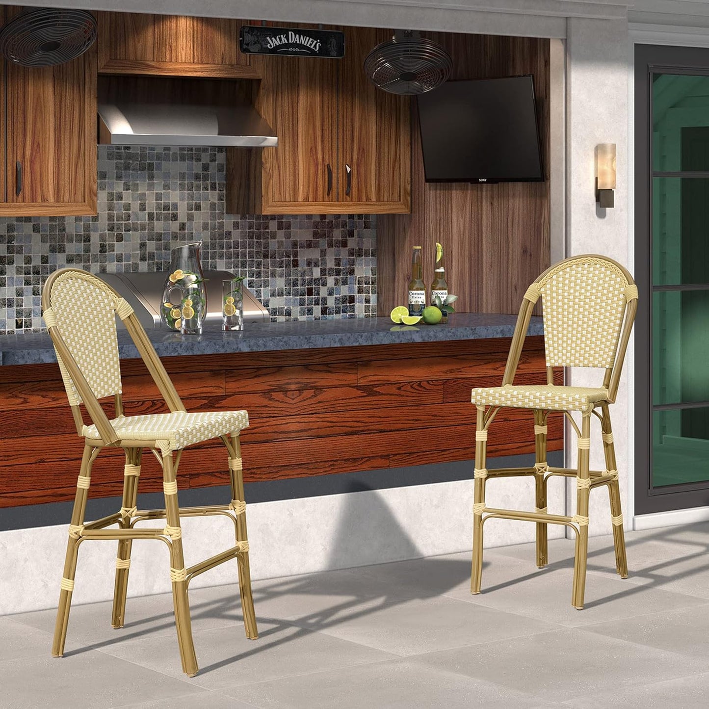 PURPLE LEAF French Bar Stool Set of 2 Bamboo Print Finish Patio Bar Stools with Back Rattan Bar Chairs Wicker Bar Height Stool 30" with Footrest Kitchen Island Stools Outdoor Barstool Cream Yellow