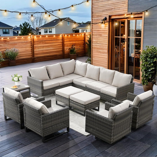 HUMMUH 9 Piece Patio Furniture PE Wicker 6-Seater Outdoor Sectional Sofa Patio Swivel Chairs,Outdoor Chairs with Ottomans Side Table for Porch,Garden,Backyard,Deck