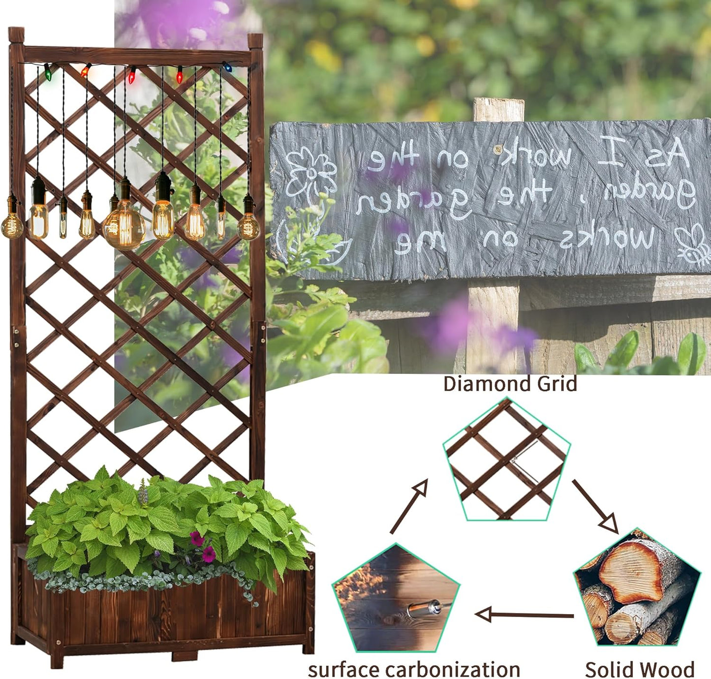 Anraja Raised Garden Bed Planter with Trellis Outdoor Wood Box 67in Set of 2 Flower Standing Planter Box Privacy Lattice Panels with Legs for Patio Porch w/Drainage Holes 29.5" L x 17.0" W x 67.0" H