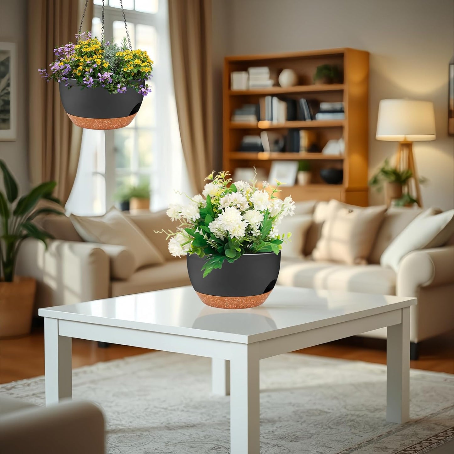 2 Pack 12 Inch Large Hanging Planters with Chains Self Watering Black Brown Plastic Hanging Pots for Indoor Outdoor Plants, Garden Porch Home Decor，Black Brown