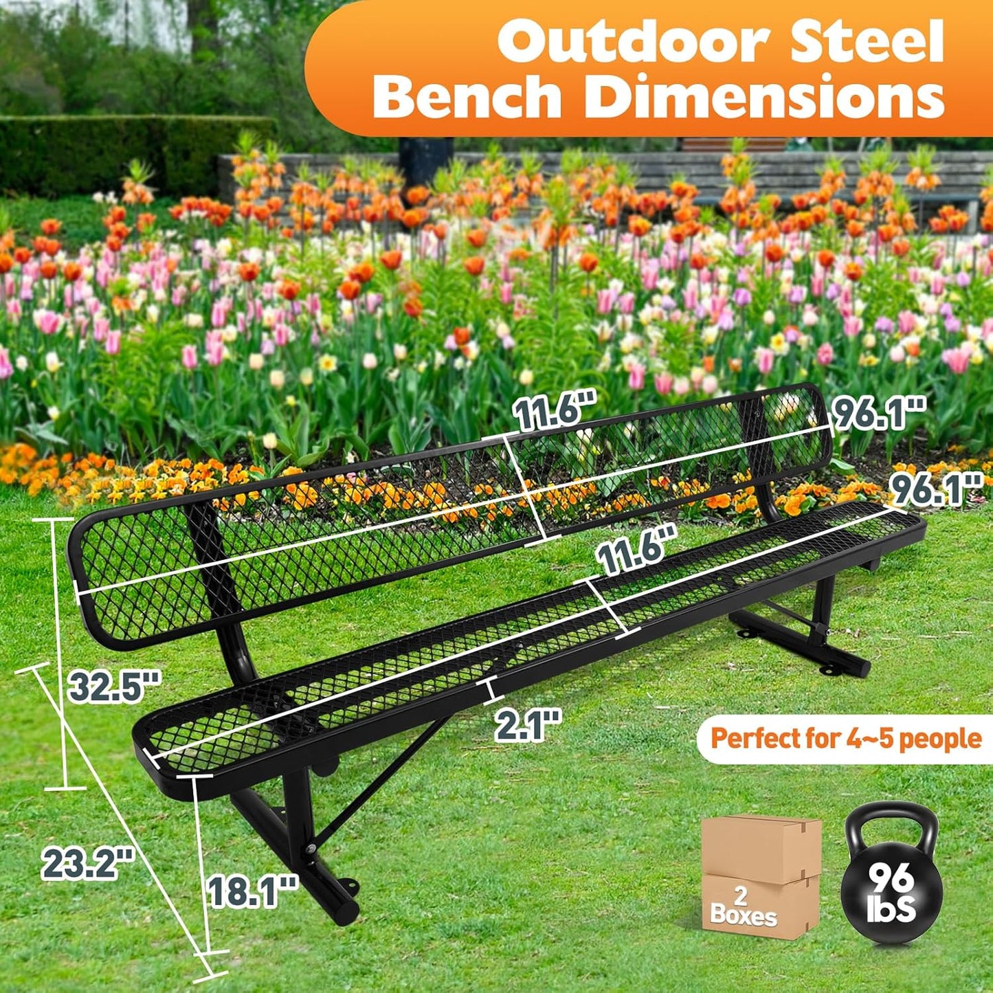 8Ft Heavy Duty Park Bench with Back Portable Frame, Outdoor Steel Bench with Backrest, Expanded Metal Mesh Bench for Lawn, Park, Deck, Garden, Patio, Porch, Black