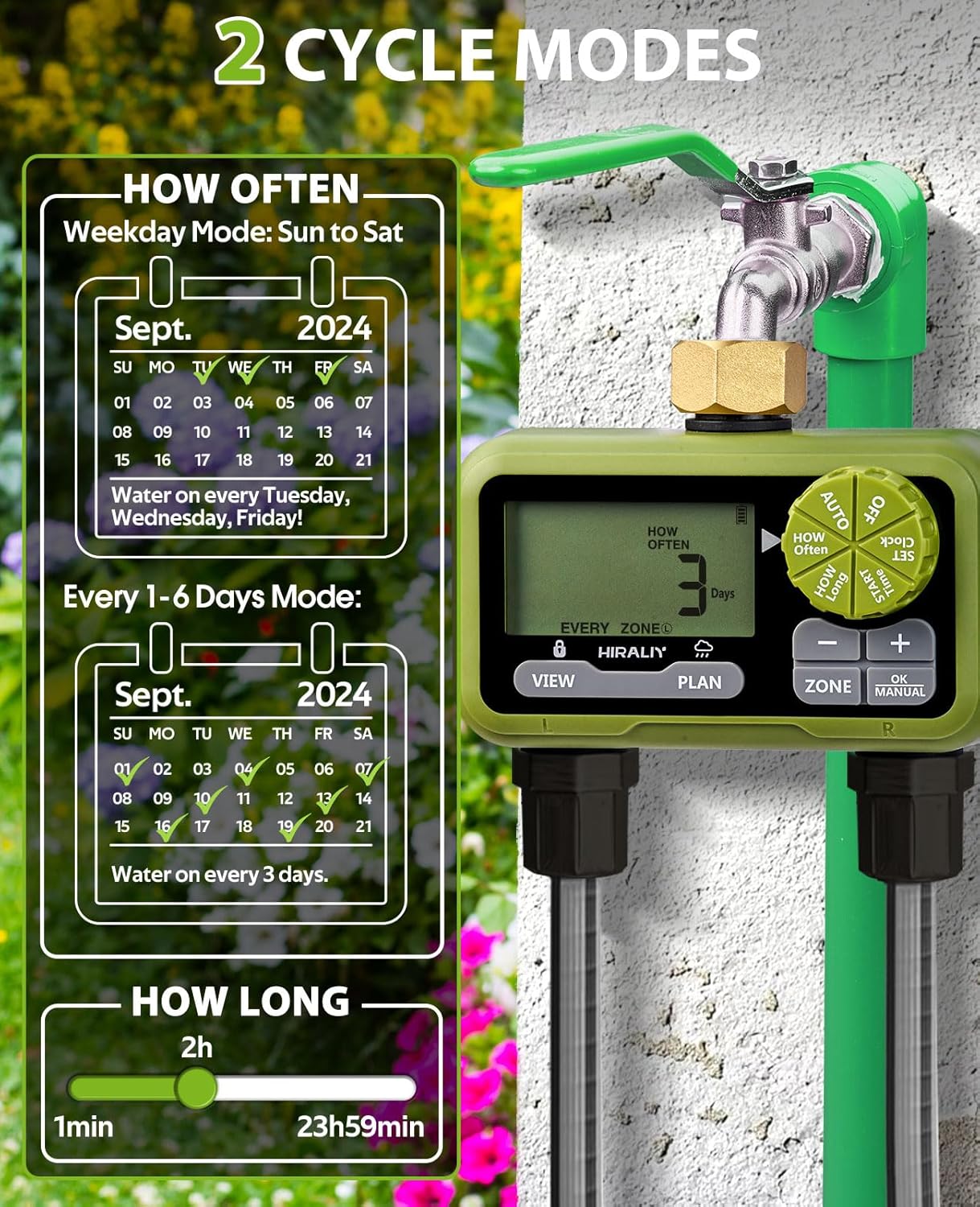HIRALIY Sprinkler Timer, Water Timer for Garden Hose 2 Zone, Programmable for Watering, Automatic Irrigation System for Yard Lawn, Brass Connector, IP65 Waterproof