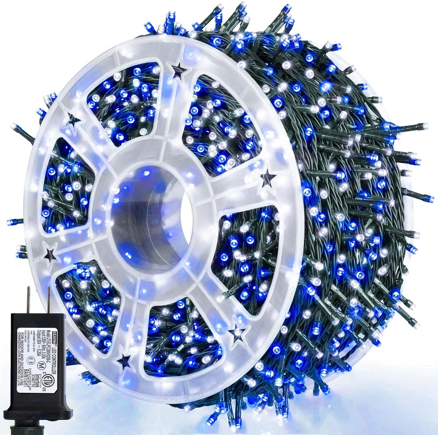 164ft 500 LED Blue White Christmas Lights Outdoor,8 Modes String Light Indoor Bedroom,Clear Wire Twinkle Lights Plug in for Christmas Outside Tree Yard Wedding Decorations(164FT,Blue&White)