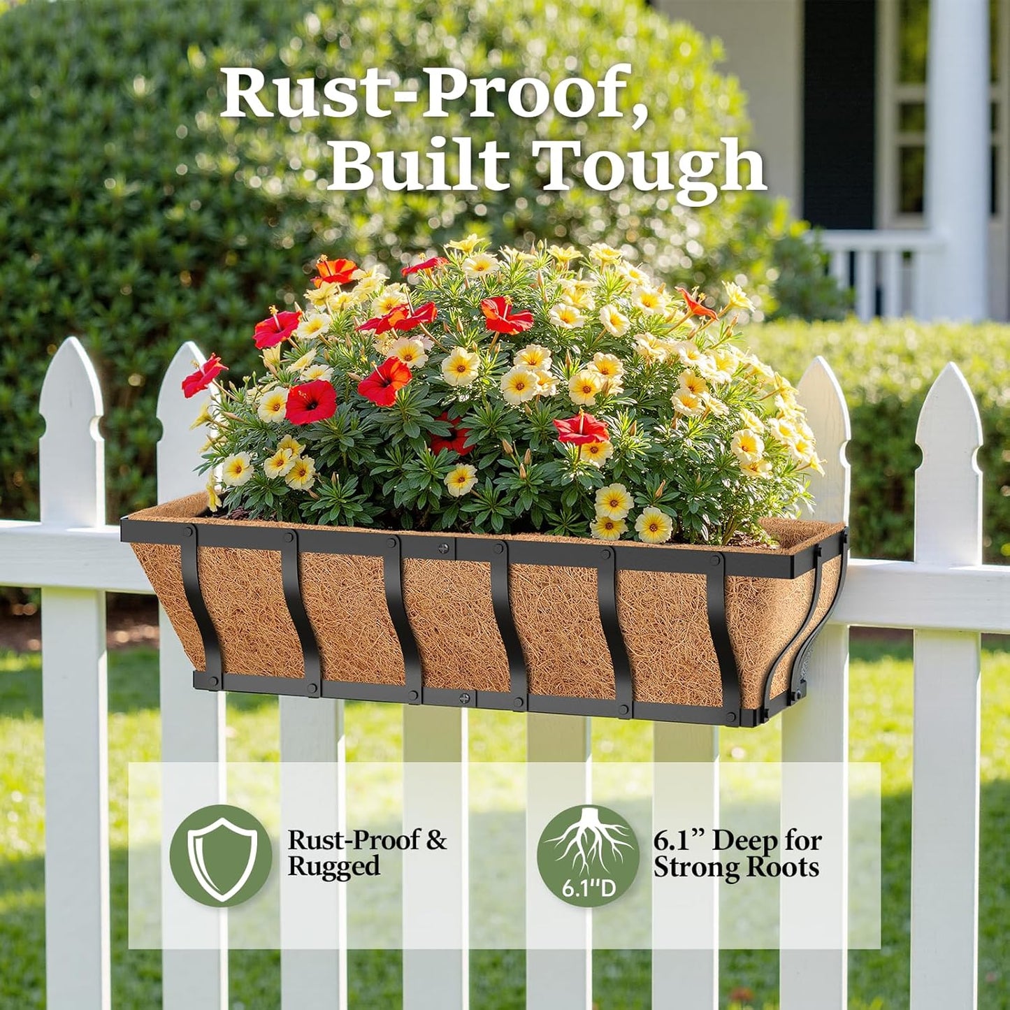 Railing Planter Boxes, Heavy Duty Window Box Planters, Adjustable Balcony Planters for Railing Hanging, with Coco Liner & Support Rod for Deck, Porch, and Patio Gardening (2 Pack, 24 Inch)