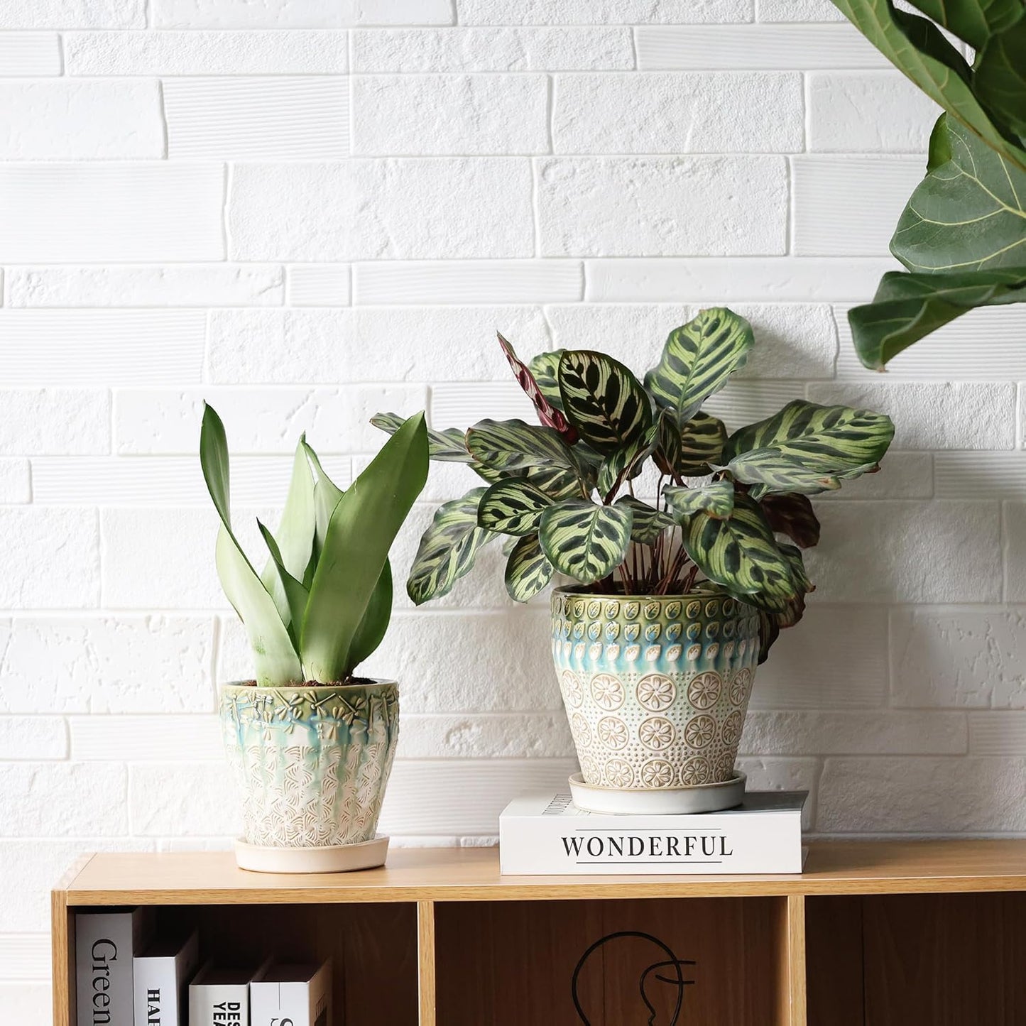 6 Inch + 5 Inch Ceramic Planter with Drainage Hole and Saucer for Plants, Indoor-Outdoor Round Succulent Orchid Garden Flower Pot - Set of 2