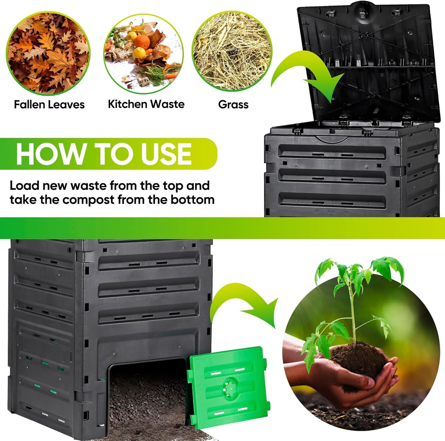 JupiterForce 120 Gallon Large Compost Bin, BPA Free Outdoor Composting Tumblers for Garden Patio, Easy Assembling, Fast Creation of Fertile Soil, Lightweight