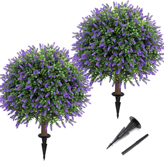 Artificial Lavender Topiary Ball Tree 25" with Ground Spike, Set of 2 Artificial Boxwood Bushes for Faux Shrubs, Fake Evergreen Faux Plant for Indoor Outdoor Porch Garden -UV Resistant–Fade-Proof