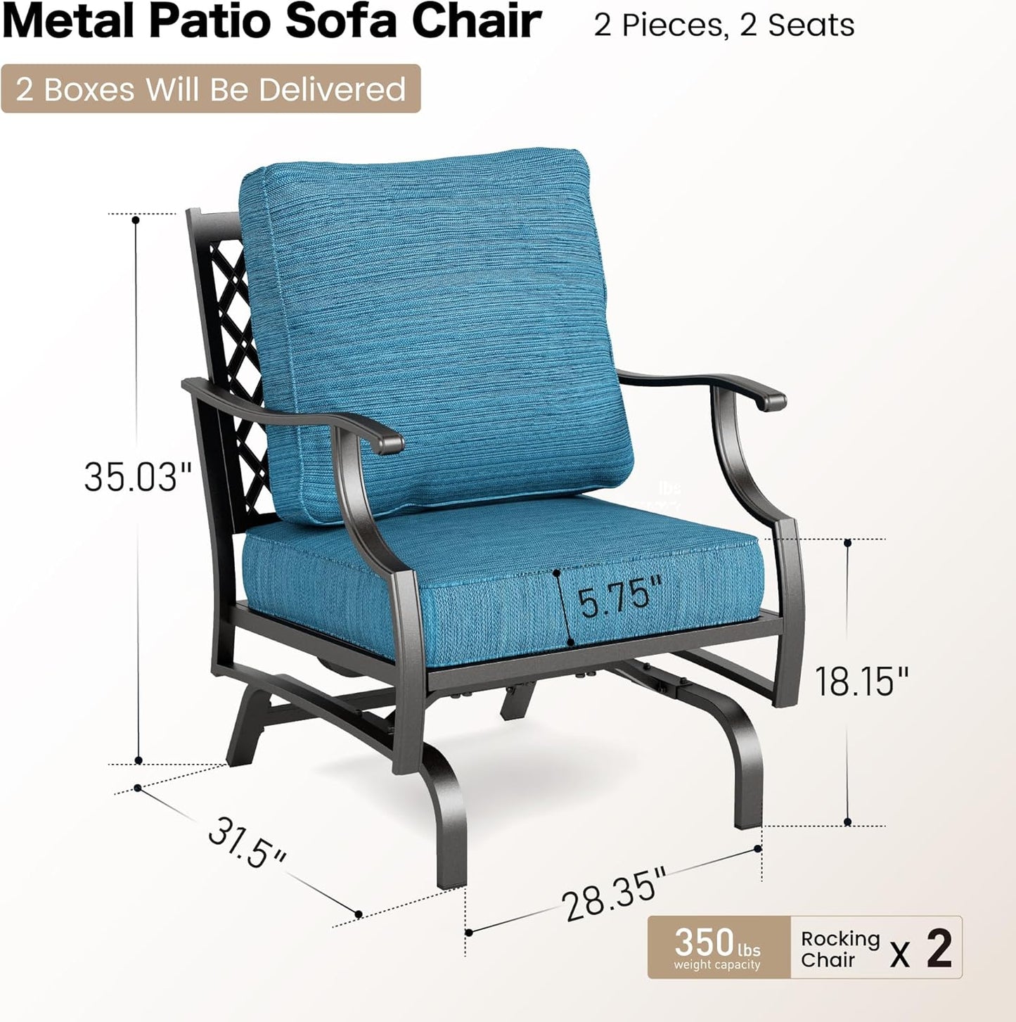 Metal Outdoor Rocker Patio Chairs Set of 2 with 5.75" Extra Thick Cushion, 2 Piece High Back Rocker Patio Chairs All Weather Outdoor Furniture Seating for Deck Balcony Porch, Blue-2