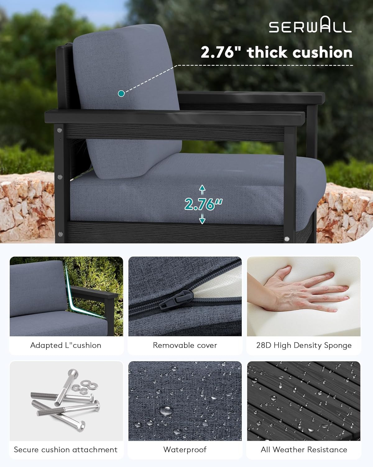 SERWALL 5 Pieces HDPE Outdoor Conversation Sofa Set with Cushion, All Weather Couch Loveseat Furniture Set with Pads, Outdoor Social Sofa Coffee Table Set, Black Frame with Grey Cushions