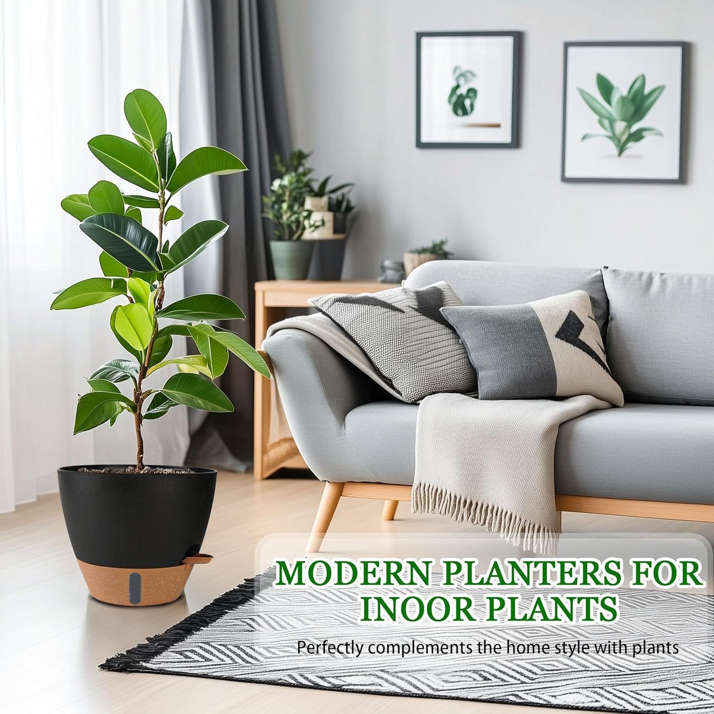 8/10/12 Inch Self Watering Pots for Indoor/Outdoor Plants - Large Plastic Planter with Drainage Holes, Water Level Indicator & Deep Reservoir, Modern Decorative Flower Pots (Black)